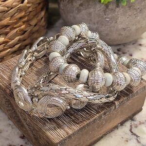 Set of Three Silver and Pale Green Beaded Bracelets